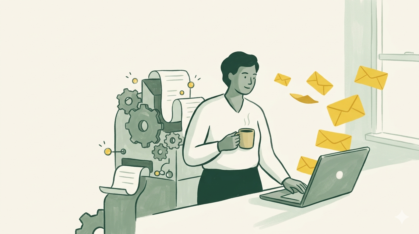 Une entrepreneure prend son café en regardant sa boîte mail se remplir de demandes, tandis qu'une machine automatisée tourne discrètement à côté